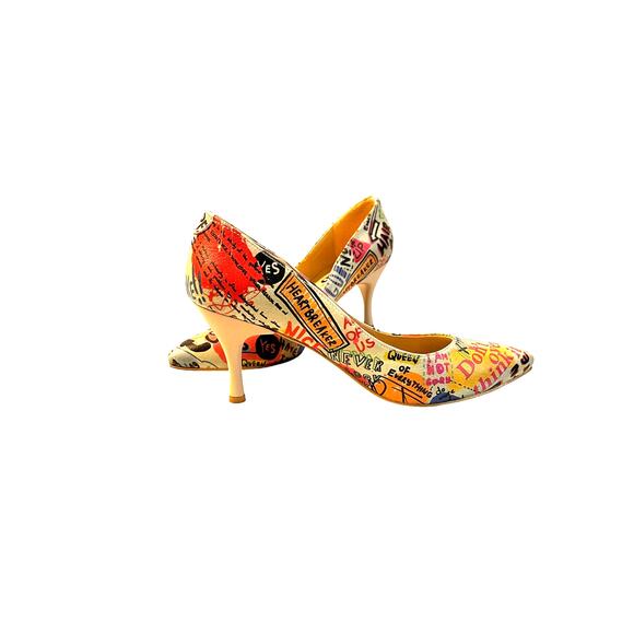 DOGO Vegan High Heel Shoes Cartoon And Slogans Print Women's Size 7 - Picture 9 of 14